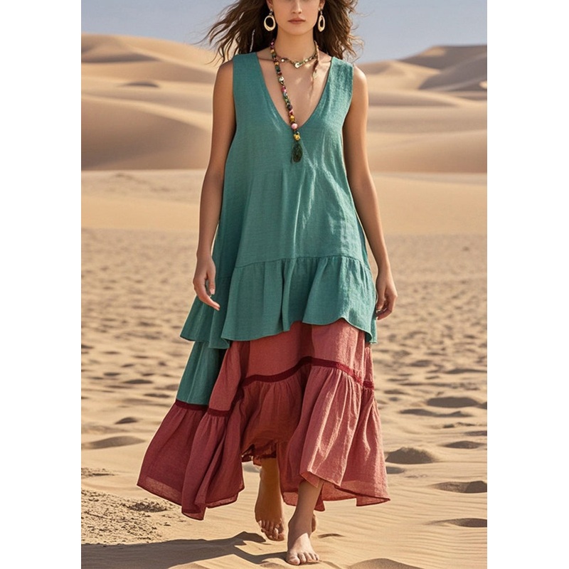 Women Green Oversized Patchwork Cotton Ankle Dress Summer