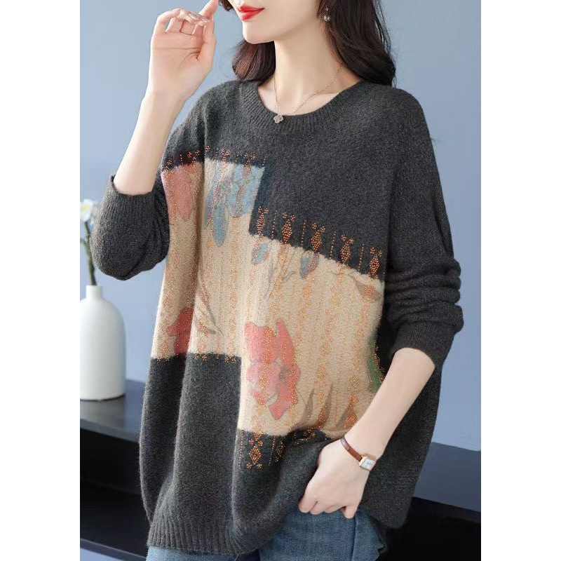 Women Grey O Neck Print Zircon Woolen Knit Sweaters Spring
