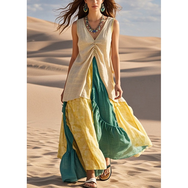 Women Khaki Cinched Patchwork Exra Large Hem Cotton Dress Sleeveless