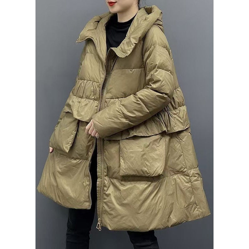 Women Khaki Hooded Zippered Pockets Down Coats Winter