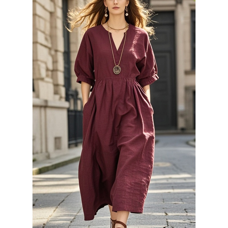 Women Mulberry V Neck Pockets Cotton Dresses Summer