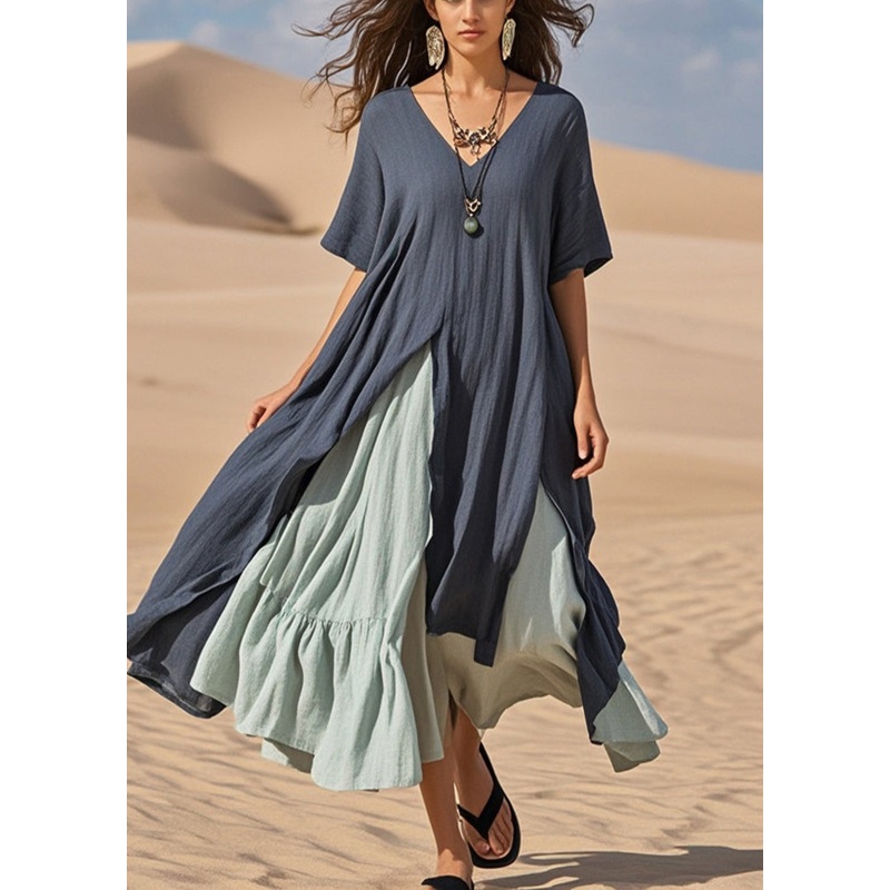 Women Navy Asymmetrical Patchwork Cotton Vacation Dresses Summer