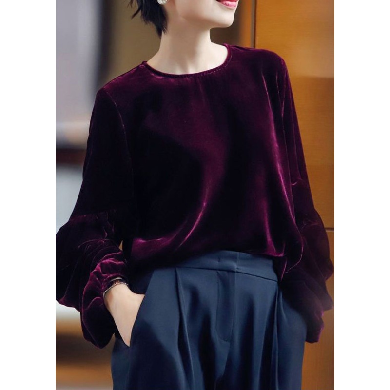 Women Purple O Neck Solid Silk Velour Tops Spring