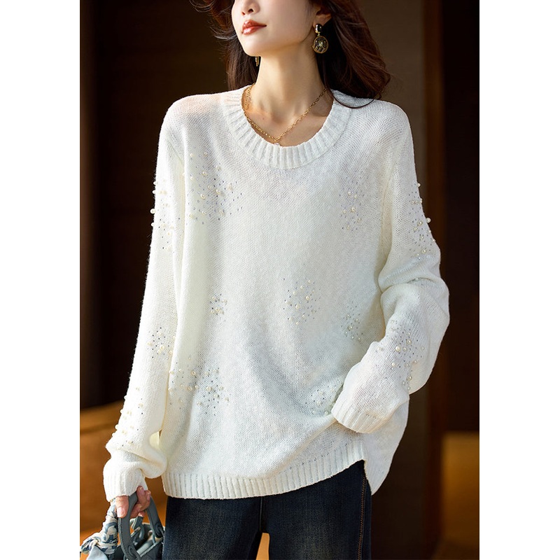 Women White O Neck Pearl Zircon Knit Sweater Spring