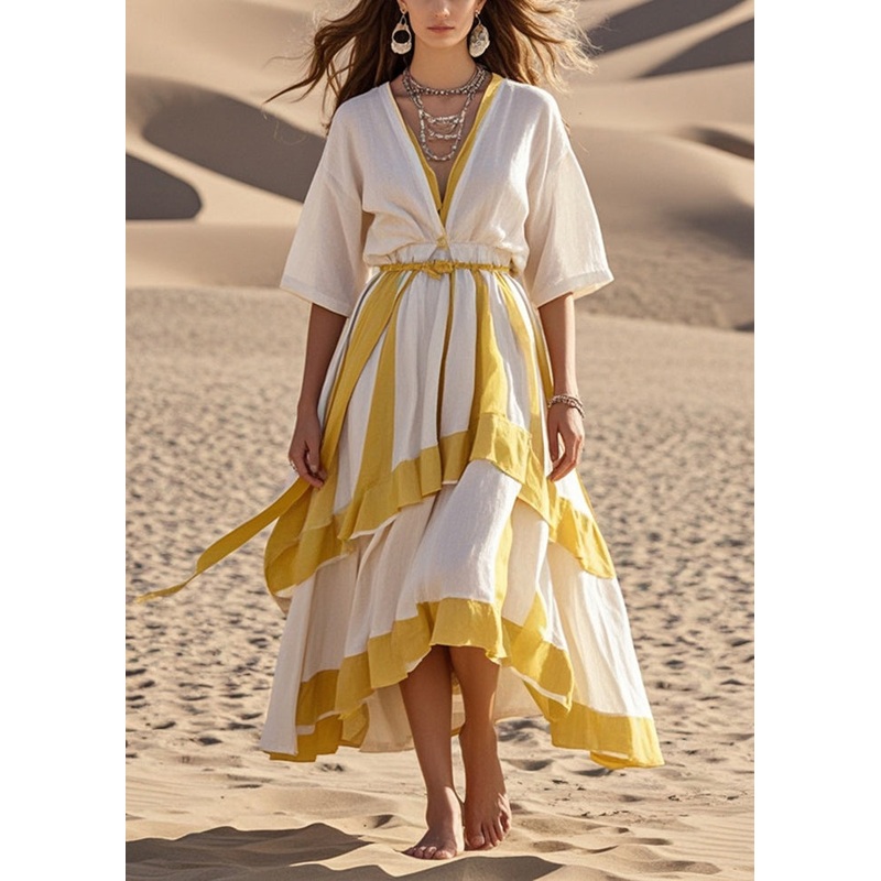Women White V Neck Patchwork Exra Large Hem Cotton Dress Summer