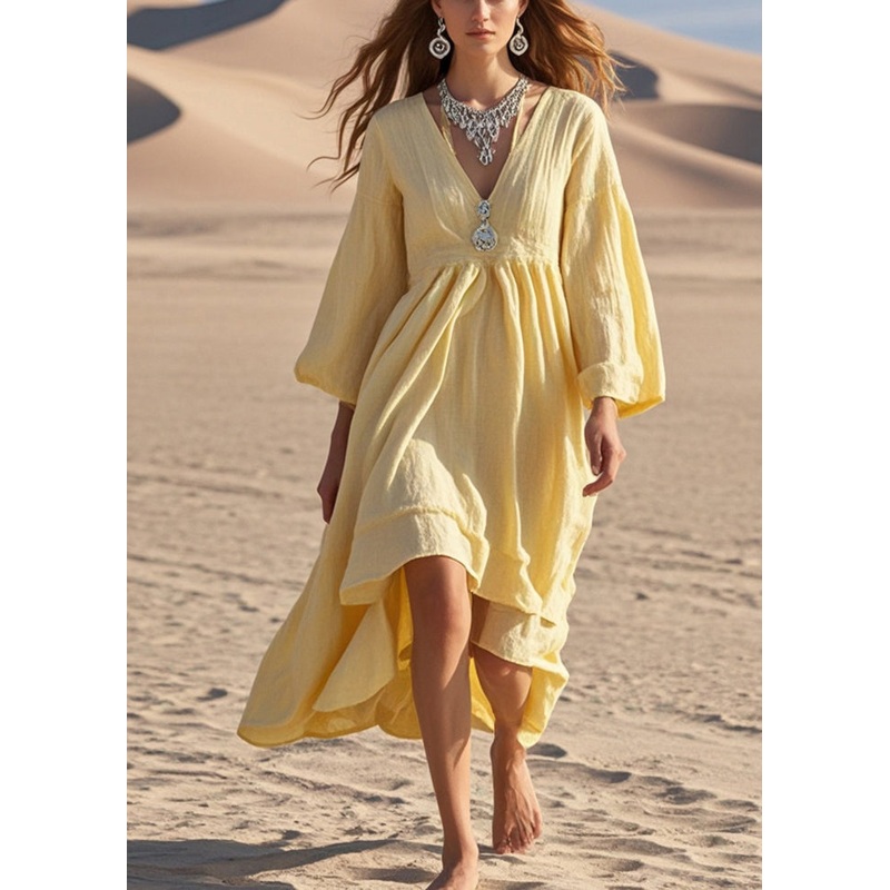 Women Yellow Exra Large Hem Cotton Holiday Dress Fall