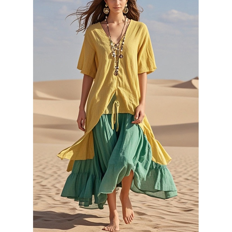 Yellow Patchwork Cotton Holiday Dress Fake Two Piece Summer
