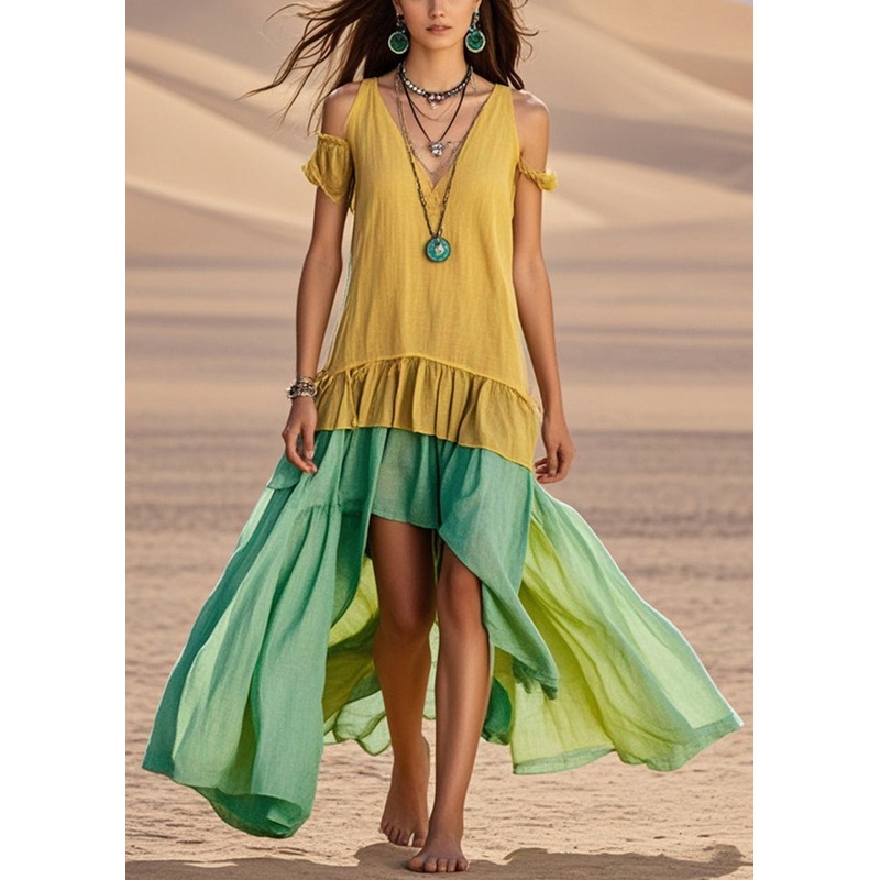 Yellow Patchwork Cotton Maxi Dresses Cold Shoulder Asymmetrical Design Summer