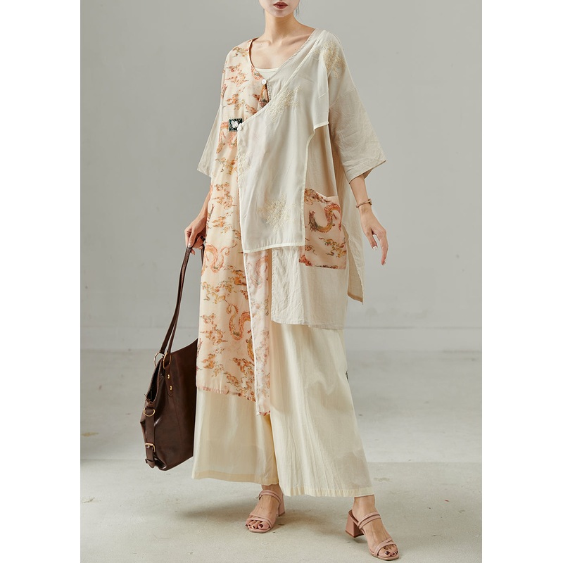 Art Beige Asymmetrical Design Embroidered Cotton Two Pieces Set Spring