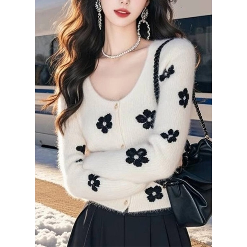 Art White O-Neck Print Cotton Knit Cardigan Spring