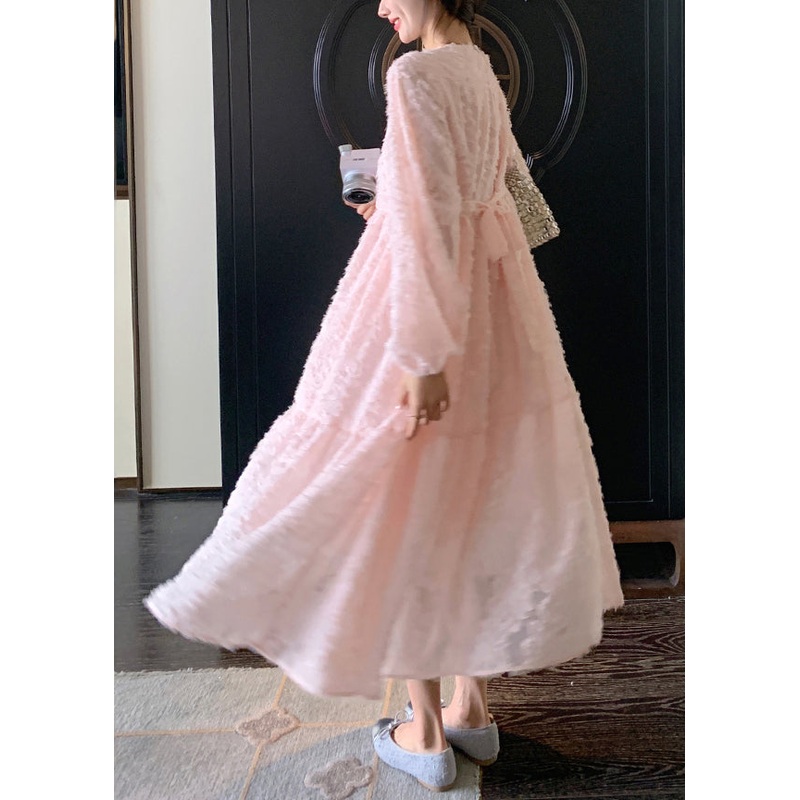 Beautiful Pink O-Neck Patchwork Lace Long Dress Spring