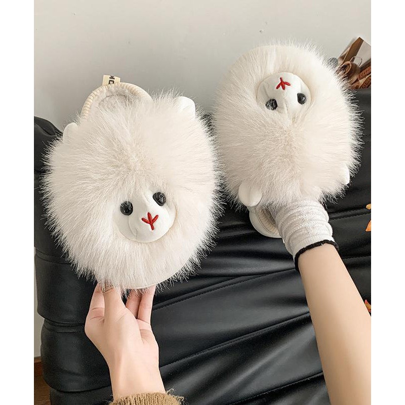 Beige Slippers Shoes Fuzzy Fur Fashion Splicing