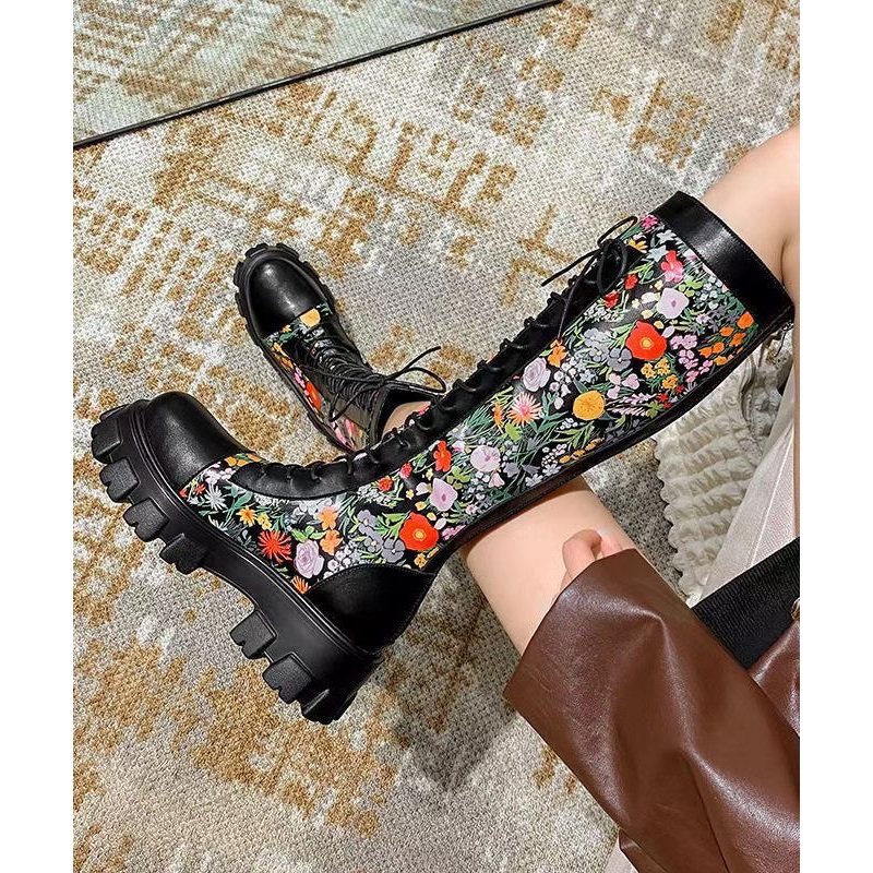 Black Embossed Splicing Chic Platform Boots Lace Up