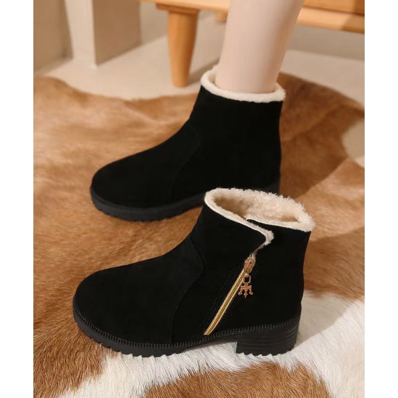 Black Zippered Splicing Chunky Boots Fuzzy Wool Lined