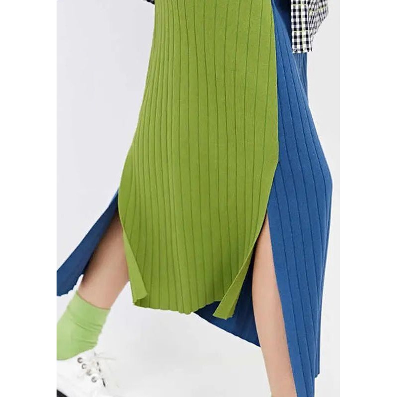 Blue Splicing Skirt Vintage Slit Design Knit A Line Skirts