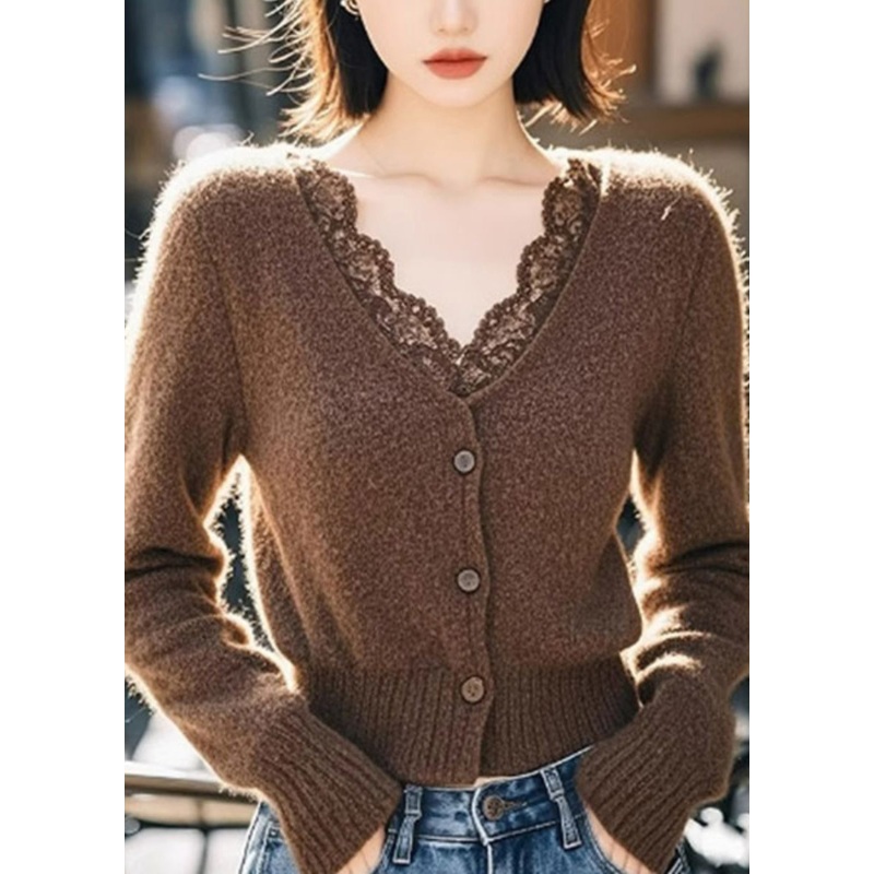 Bohemian Coffee V Neck Lace Patchwork Cotton Knit Cardigan Spring