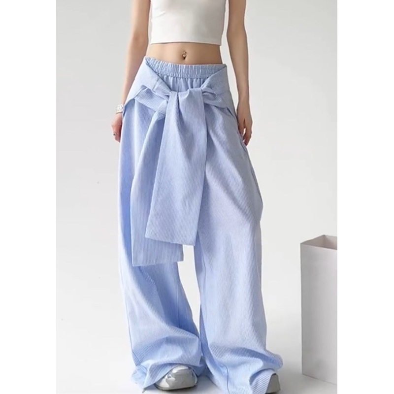 Boho Blue Tie Waist Detachable Striped Straight Pants Spring
