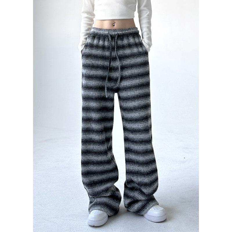 Boutique Black Grey Striped Elastic Waist Pockets Warm Fleece Pants Spring