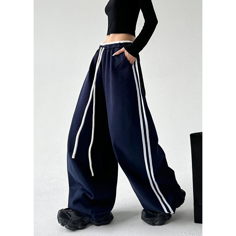 Boutique Navy Blue Drawstring Elastic Waist Wide Leg Pants Spring