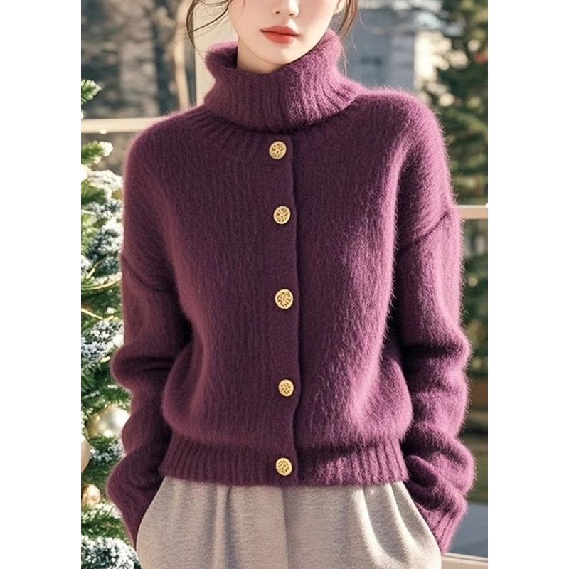 Boutique Purple Hign Neck Button Woolen Knit Sweaters Spring