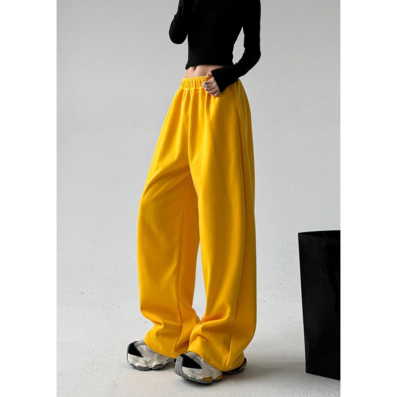 Boutique Yellow Elastic Waist Pockets Solid Pants Spring