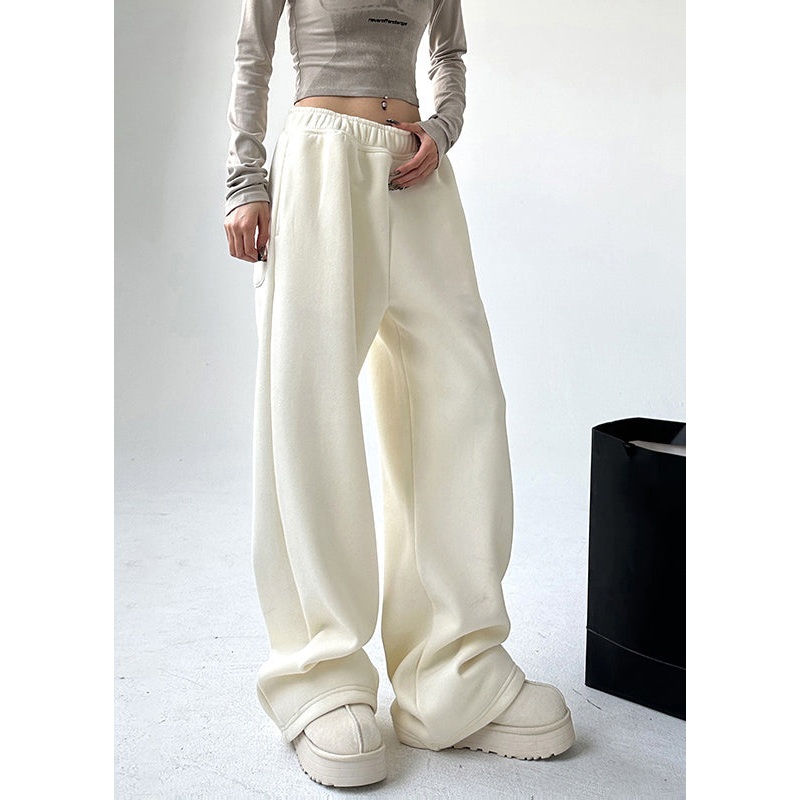 Brief White Patchwork Warm Fleece Straight Pants Spring