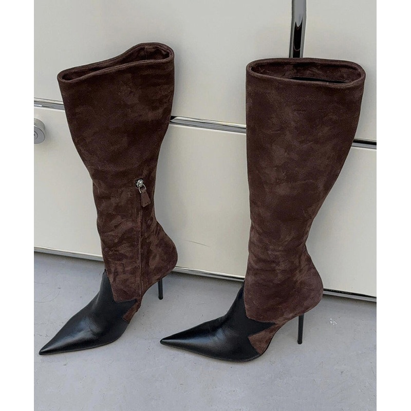 Brown Boots Stiletto Suede Handmade Splicing Pointed Toe