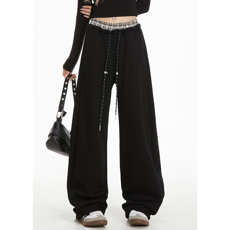 Casual Black Elastic Waist Straight Pants Spring