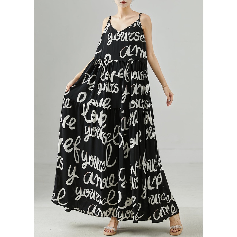 Casual Black Letter Print Chiffon Spaghetti Strap Dress Summer
