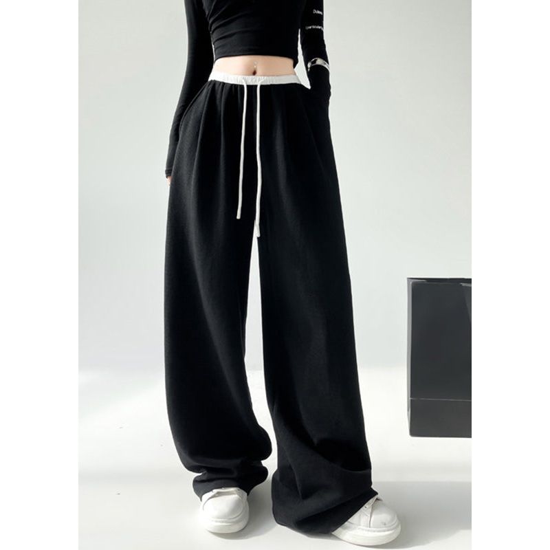 Casual Black Pockets Tie Waist Wide Leg Pants Spring
