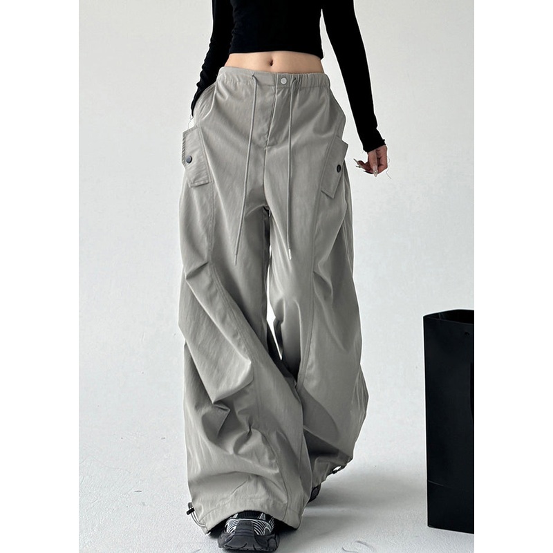 Casual Grey Pockets Tie Waist Wide Leg Pants Spring