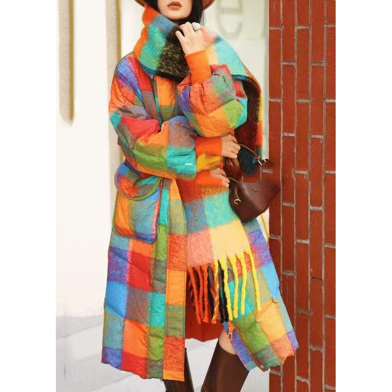 Casual Rainbow Turtleneck Pockets Plaid Long Parka Winter