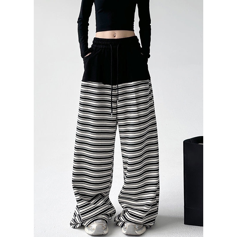 Chic Black White Striped Pockets Tie Waist Wide Leg Pants Sprin