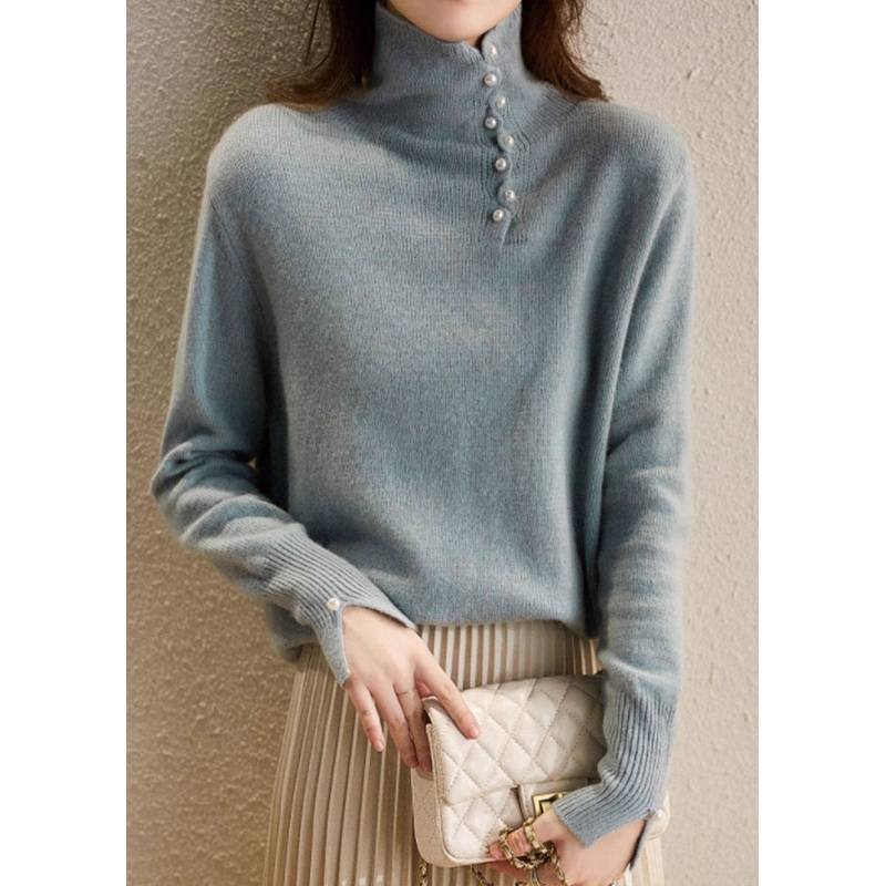 Chic Blue Turtleneck Pearl Patchwork Cozy Cotton Knit Sweater Spring