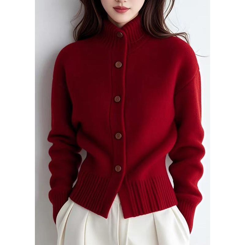 Chic Red Turtleneck Patchwork Solid Cotton Knit Cardigans Spring
