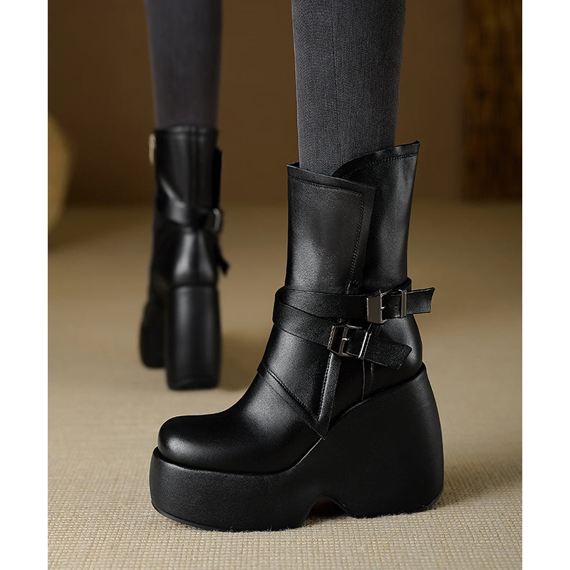 Chic Splicing Wedge Boots Black Cowhide Leather