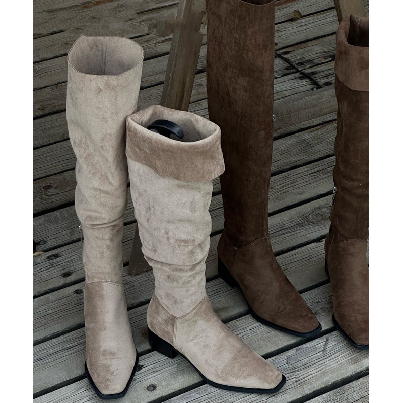 Chic Zippered Splicing Chunky Boots Beige Suede