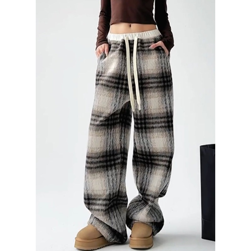 Coffee Patchwork Drawstring Woolen Straight Pants