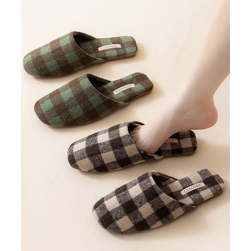 Comfortable Coffee Plaid Cotton Fabric Slippers Shoes