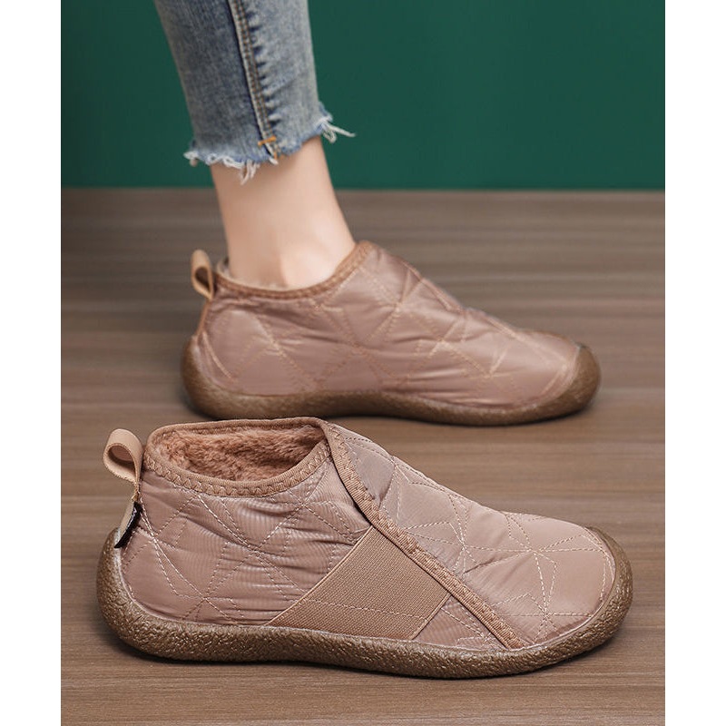Comfortable Soft Flats Khaki Cotton Fabric Fuzzy Wool Lined