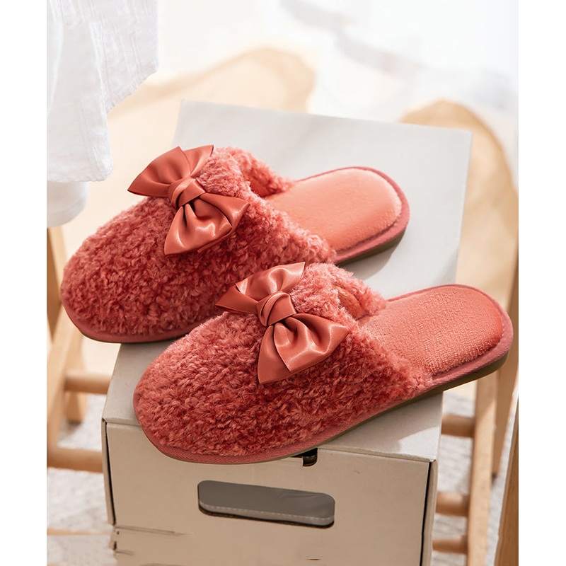 Comfy Soft Splicing Bow Slippers Shoes Red Faux Fur