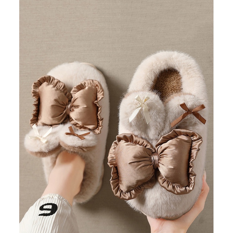 Cute Khaki Slippers Shoes Splicing Bow Fuzzy Wool Lined