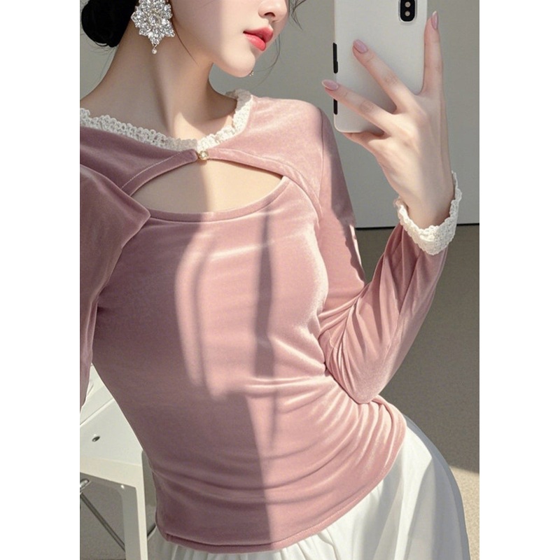 Cute Pink O-Neck Asymmetrical Silk Velour Tops Spring