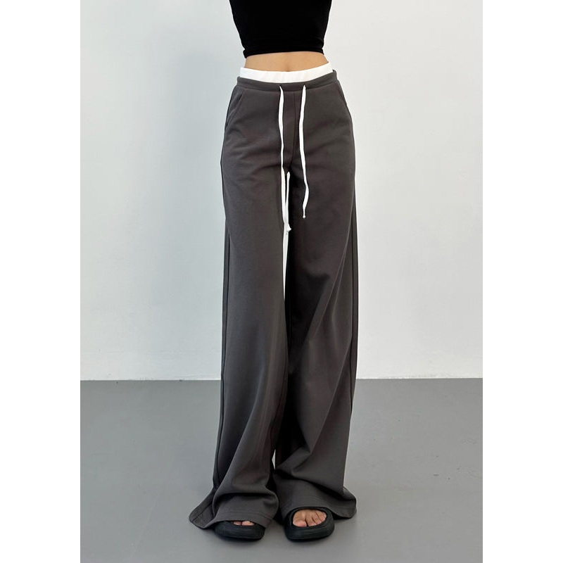 Dark Grey Drawstring High Waist Straight Pants