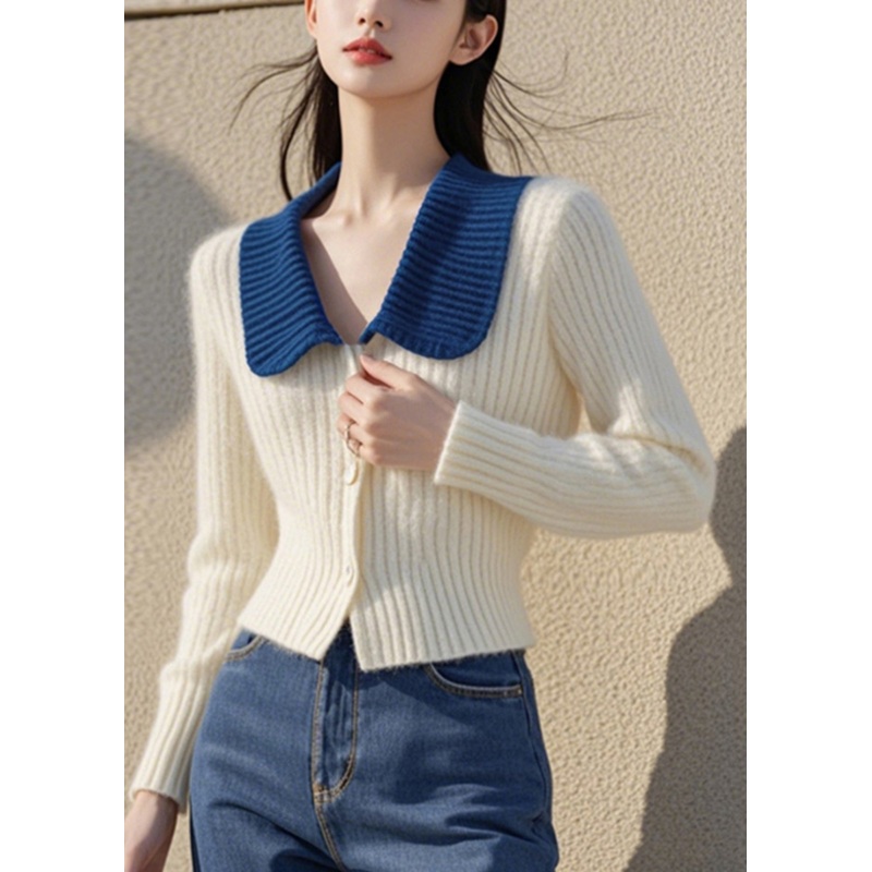 Elegant White Peter Pan Collar Button Cotton Knit Cardigan Spring