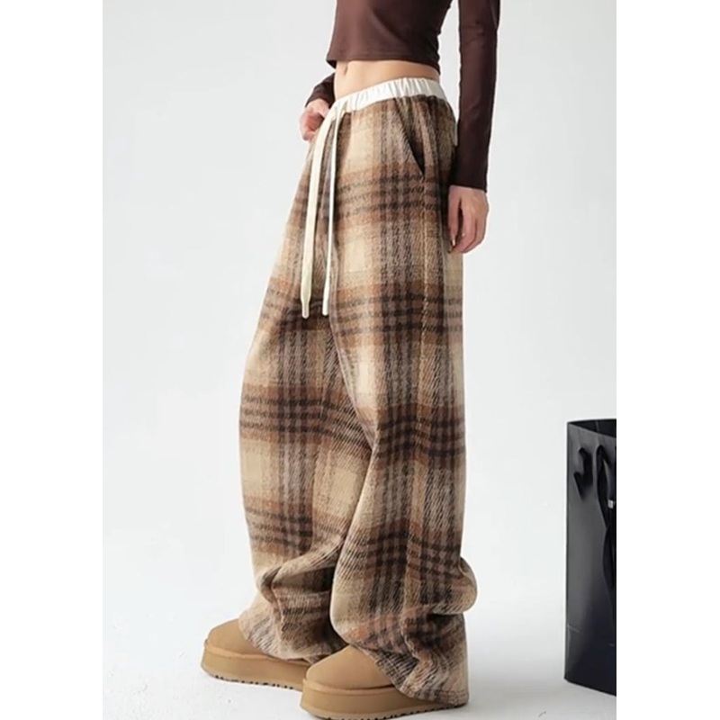 Elegant Yellow Plaid Warm Fleece Draping Woolen Wide Leg Pants Spring