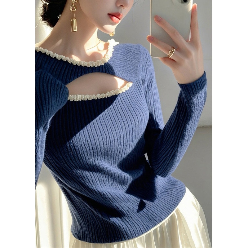 Fashion Blue Ruffled Hollow Out Knit Sweater Spring