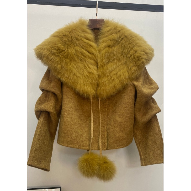 Fashion Caramel Coats And Fox Collar Cape Woolen Two Pieces Set Spring