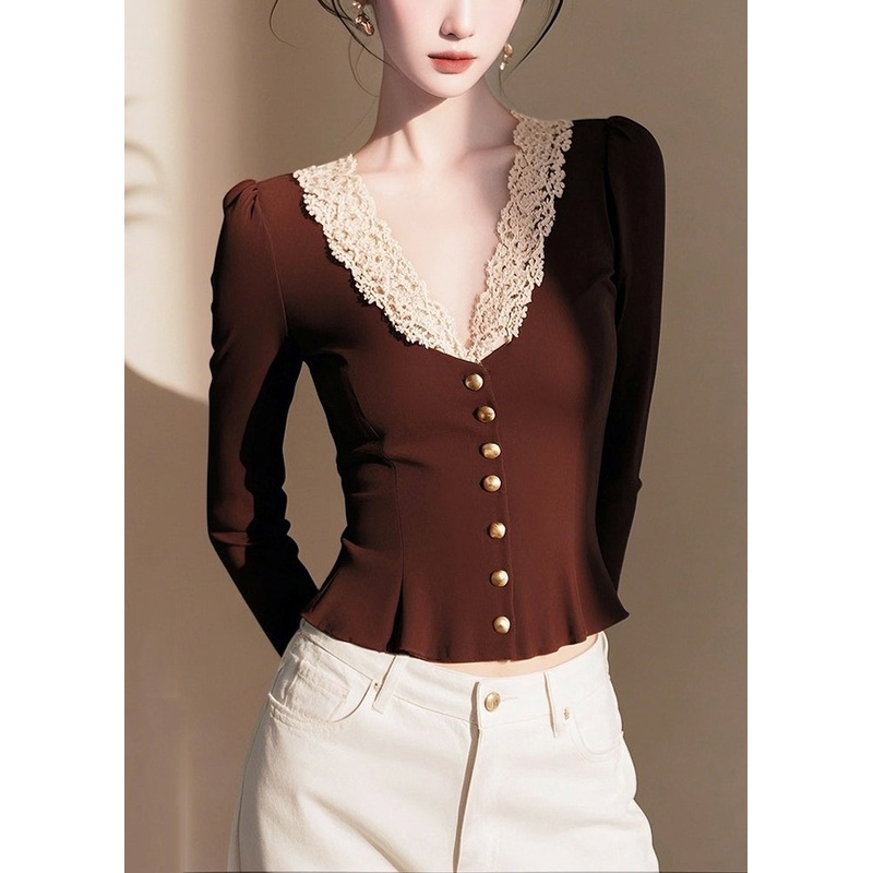 Fashion Coffee V Neck Lace Patchwork Cotton Knit Sweater Spring