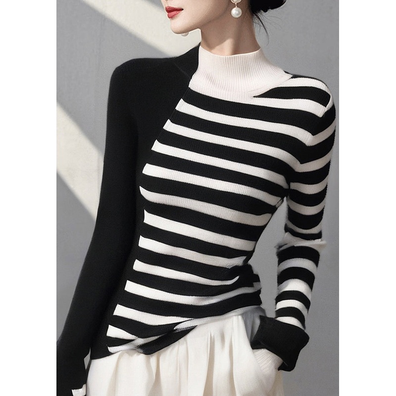 Fashion Colorblock Hign Neck Striped Knit Sweaters Spring